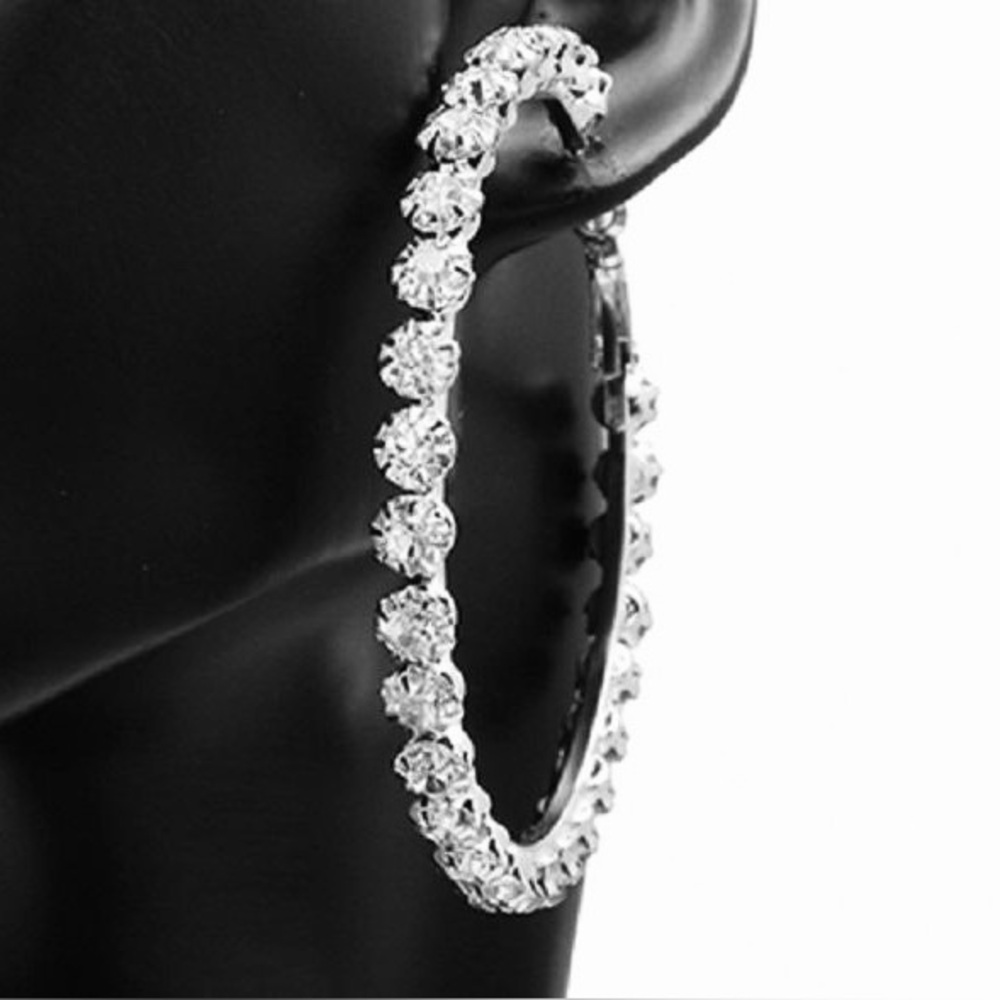 3" Long BLING SPARKLE Big Crystal Cz statement rhinestone Hoop Earrings Silver